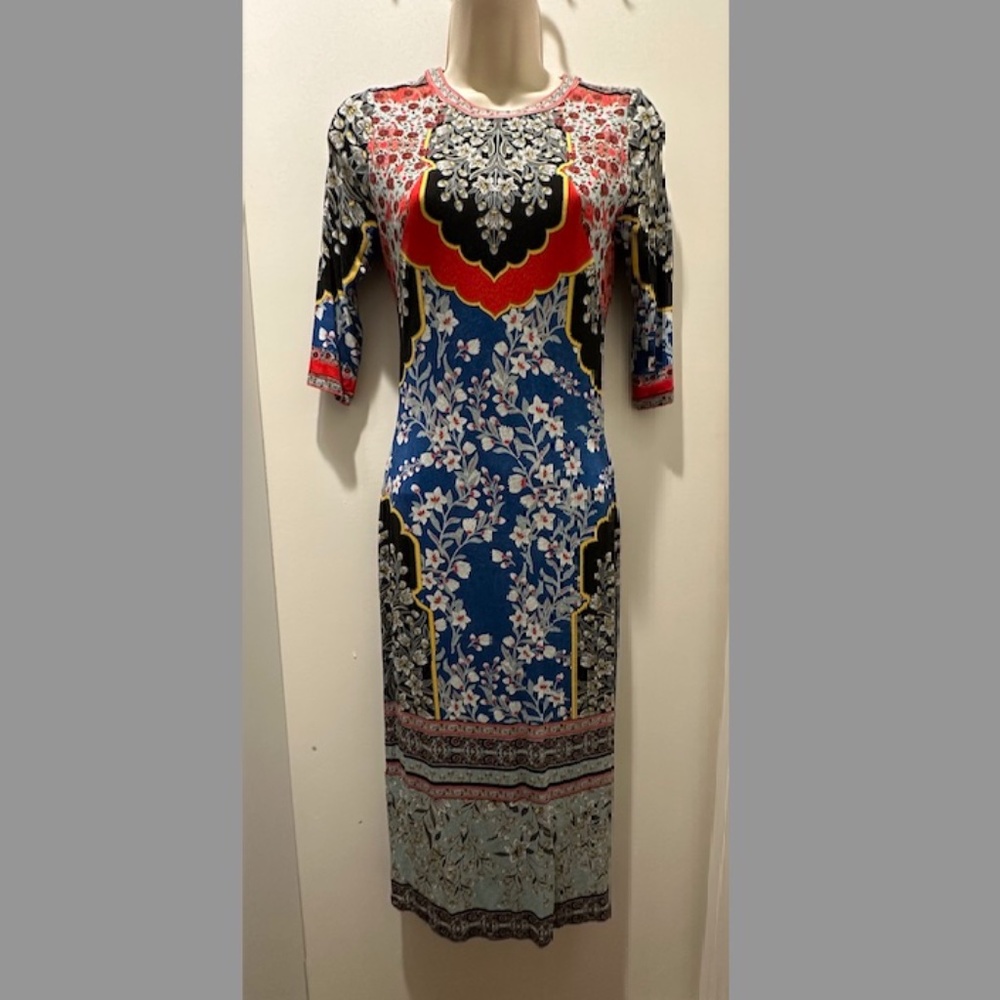 ALICE & OLIVIA KNIT FLORAL PRINT MIDI DRESS
